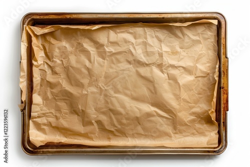Brown parchment paper on baking sheet on white background Empty oven tray for baking and roasting Rectangular pan for food design Nonstick kitchen utensils