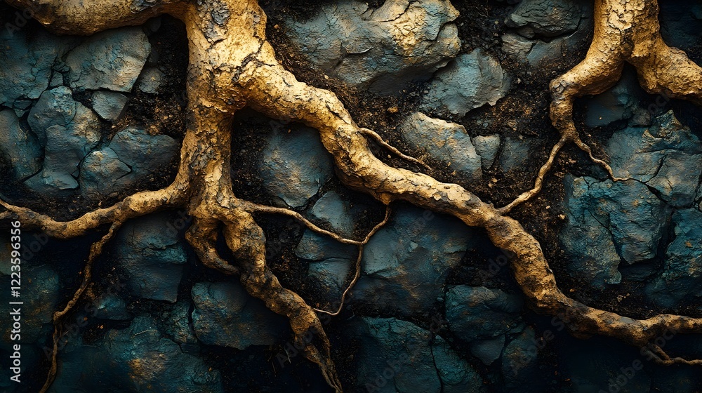 Fototapeta premium A background of tree roots intertwining and breaking through soil.