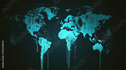 World map in grunge style with neon blue paint drips for a cyberpunk aesthetic