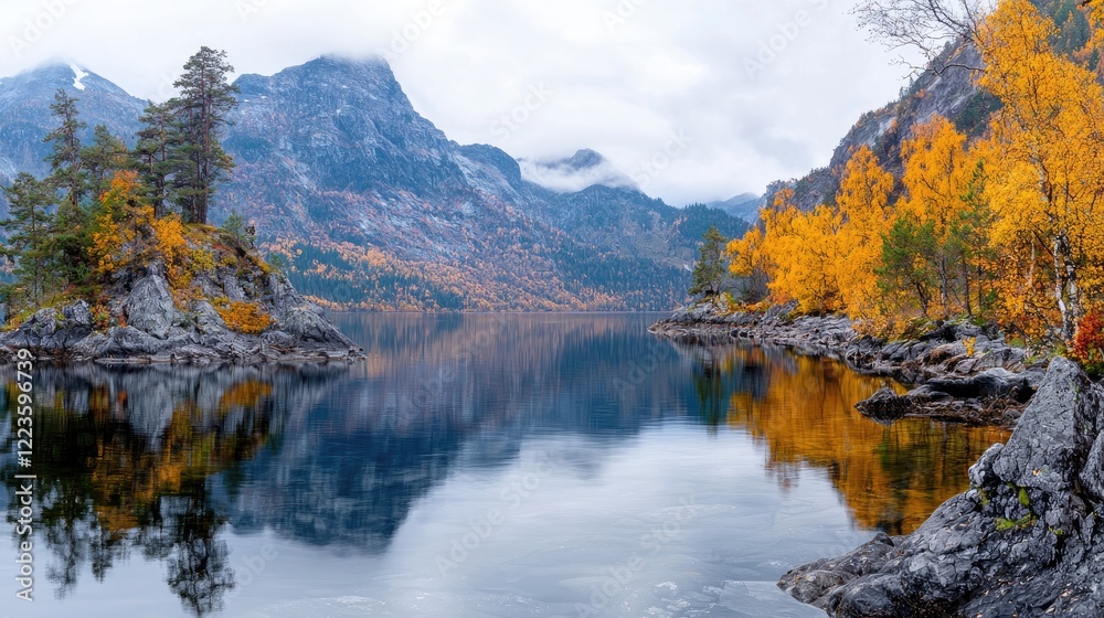Autumnal lake reflection in mountainous region