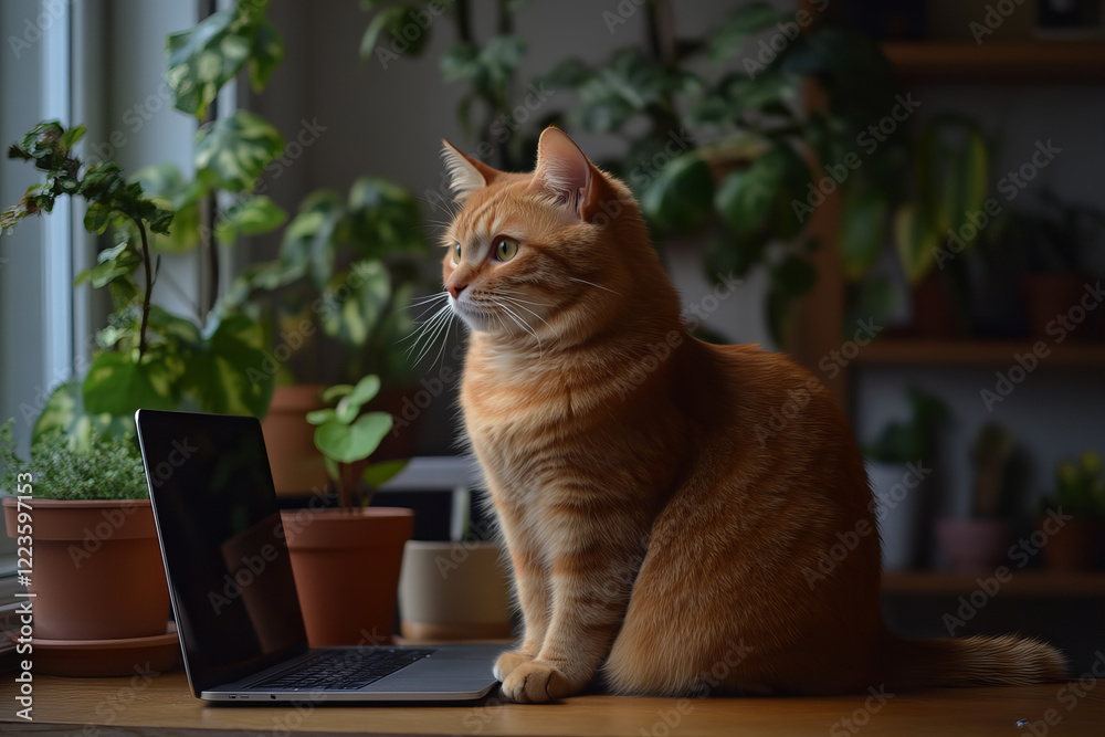Adorable Cat Using Laptop in a Cozy Home Office with Lush Green Plants, Perfect for Technology, Lifestyle, and Pet-Themed Designs Adorable Cat Using Laptop in a Cozy Home Office with Lush Green Plants, Perfect for Technology, Lifestyle, and Pet-Themed Designs