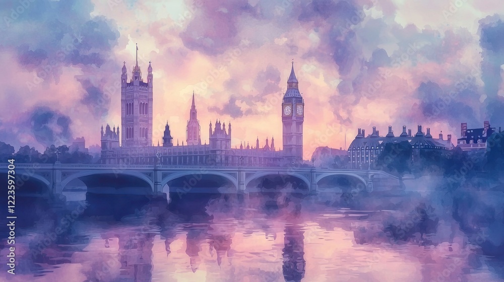 Naklejka premium Soft hues of pink and purple fill the sky as London's iconic skyline peeks through the evening mist over the River Thames. Historical architecture stands majestically in the twilight