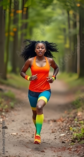 Young black woman in bright sportswear running through the forest. Colorful accents, energetic image, positive attitude.