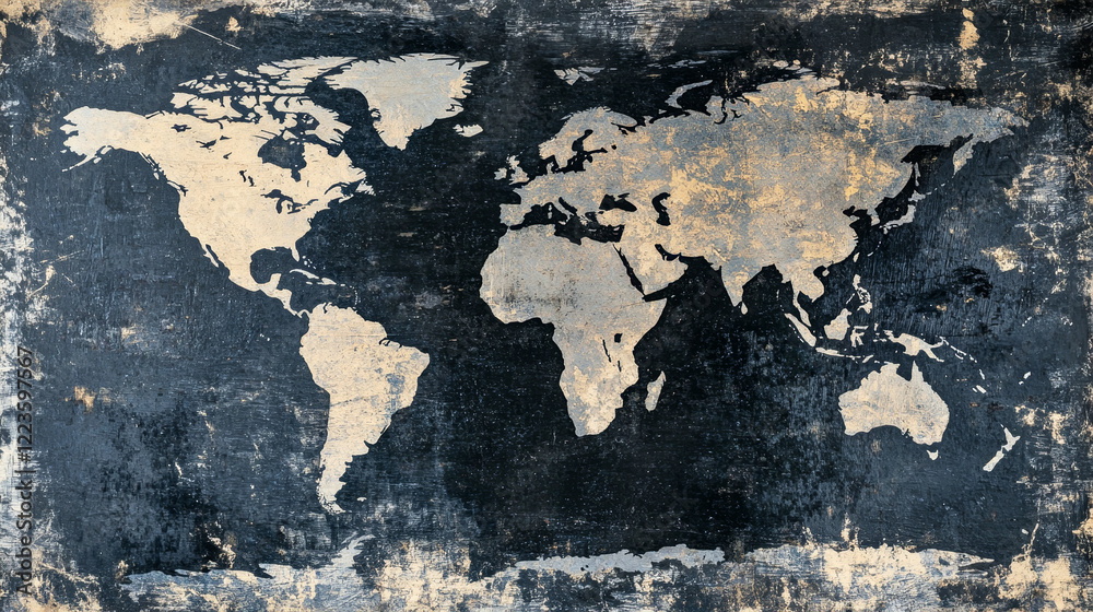 Fototapeta premium World map featuring dark grunge texture in monochrome black and grey colors with rugged edges