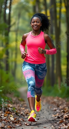 Young black woman in bright sportswear running through the forest. Colorful accents, energetic image, positive attitude.