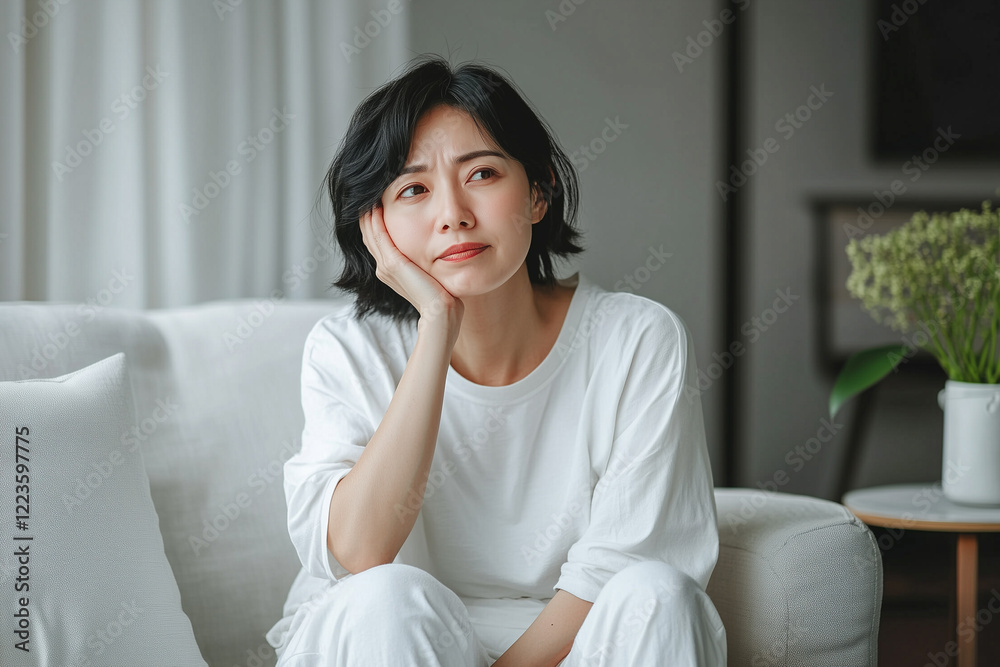 Sad Depressed Middle Age House Wife Sitting on Living Room Sofa Sad Depressed Middle Age House Wife Sitting on Living Room Sofa