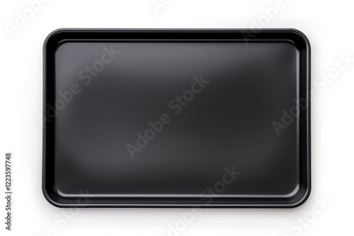 Nonstick baking sheet on white background empty oven tray for baking and roasting Black pan for cooking kitchen utensils Top view