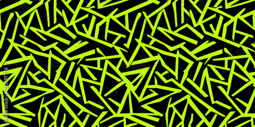 Abstract urban art seamless pattern. Neon green and black texture with chaotic shapes, lines, patches. Sport style funky geometric graffiti vector background. Repeated geo design for print, sportswear