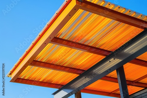 Orange polycarbonate veranda roof against blue sky photo