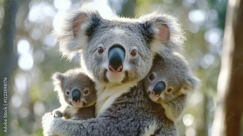 Fototapeta premium Koala family in natural habitat: adult with two young koalas
