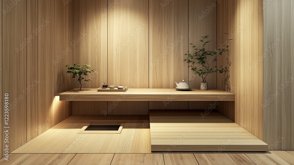 Fototapeta premium A small minimalist workspace incorporating Japanese tatami mats