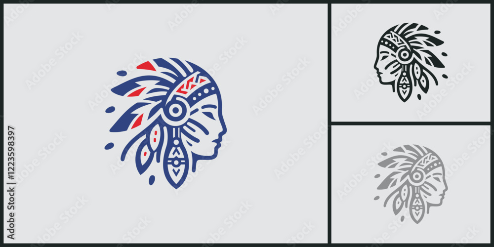 Obraz premium Modern Line Art Tribal Mascot Head Logo with Feather Headdress