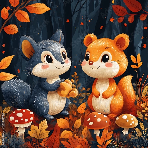 Charming Animals of the Autumn Forest, Surrounded by Vibrant Fall Colors, Capturing the Beauty of Nature with Playful Creatures and Rich, Warm Hues of the Season