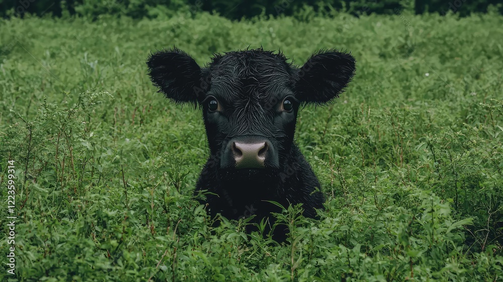 Black calf in green pasture, rural landscape. Farm animal image for agriculture, livestock Black calf in green pasture, rural landscape. Farm animal image for agriculture, livestock