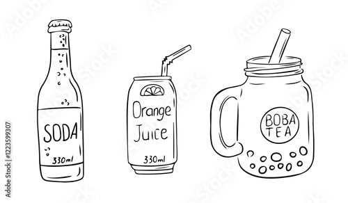 Hand drawn contour illustration of three refreshing drinks a soda bottle, a can of orange juice with a straw, and a jar filled with boba tea. Vector line art composition isolated on white background