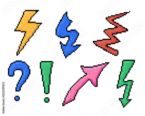 Colorful pixel art set with lightning bolts, arrows, question marks, and exclamation points, designed in a retro video game style with bold and vibrant colors. Vector set isolated on white background