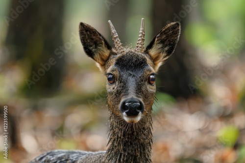 Siberian musk deer with long fangs in forest portrait photo