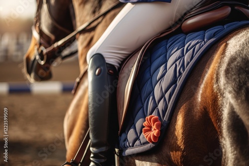 Show jumper rider with winner s rosette at equestrian event Equestrian victory on horseback photo