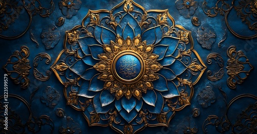 Intricate blue and gold mandala design on a dark blue backdrop

