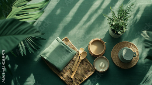 Cozy Rustic Table Setup with Wooden Bowls, Spoons, Napkin, and Potted Plant photo