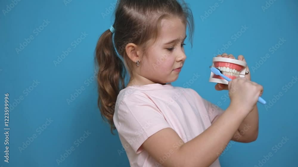 Little girl holding a model of a jaw with teeth and a toothbrush in her hands to demonstrate proper tooth brushing on blue background. Children's dentistry. Children's teeth care. Copy space Little girl holding a model of a jaw with teeth and a toothbrush in her hands to demonstrate proper tooth brushing on blue background. Children's dentistry. Children's teeth care. Copy space