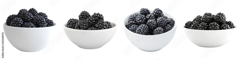 Blackberry in a white bowl isolated on transparent background, PNG, Set of Blackberry in a white bowl isolated on transparent background, PNG, Set of