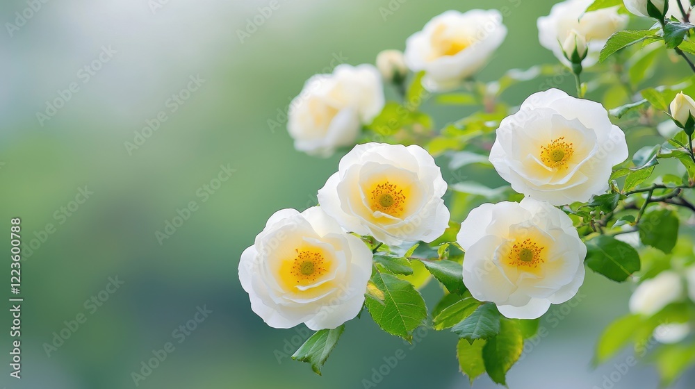 White roses blooming in a garden, soft background. Use greeting card White roses blooming in a garden, soft background. Use greeting card