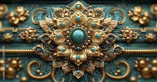 Ornate golden floral mandala with turquoise accents on a blue backdrop