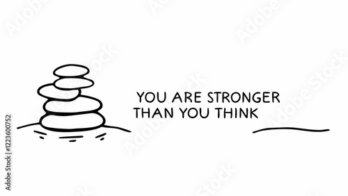 Simple line drawing of stacked stones with an inspirational message, "You are stronger than you think."