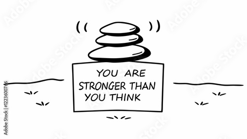 Simple line drawing of stacked stones with an inspirational message, "You are stronger than you think."