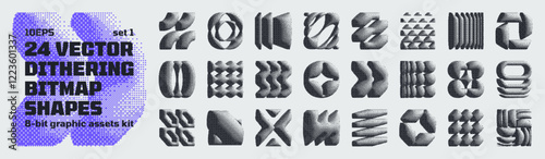 Dithering bitmap high-quality shapes, abstract geometric graphic assets kit inspiration by retro 8-bit aesthetic, Y2K bold vector pixelated collection grunge elements, brutalism pixel art set 1
