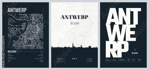 Set of travel posters with Antwerp, detailed urban street plan city map, Silhouette city skyline, vector artwork, set 2