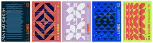 Tech brutalism colorful trendy poster, abstract geometric composition graphic in Y2K aesthetics, vector simple shapes cyberpunk print artwork modernism and futuristic minimalistic style A4 format set 
