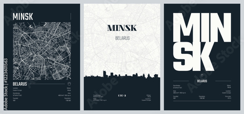 Set of travel posters with Minsk, detailed urban street plan city map, Silhouette city skyline, vector artwork, set 2