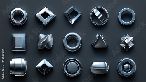 Set of 3D Chrome Icons Featuring Various Elements with a Metallic Finish and Reflective Surfaces