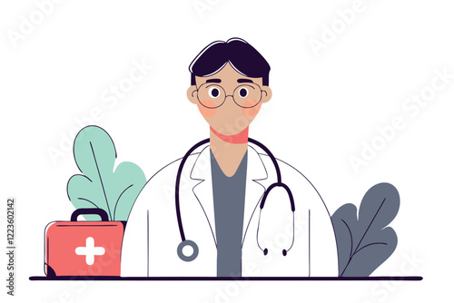 Cute stylized male doctor with glasses and stethoscope wearing white lab coat vector illustration