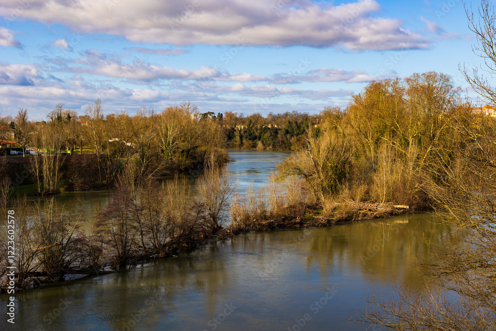 The Tarn River and its Île de la Pissotte, viewed from Pont Vieux in Montauban during winter The Tarn River and its Île de la Pissotte, viewed from Pont Vieux in Montauban during winter