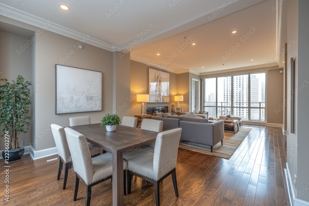Dining area within an apartment, showcasing furniture and space. Dining area within an apartment, showcasing furniture and space.