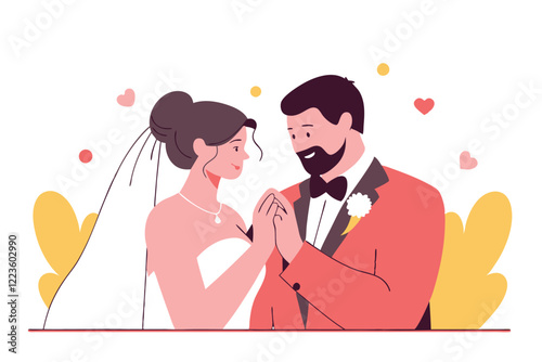 Bride and groom on wedding day. Couple adorned in wedding attire celebrate their love and union. Vector illustration