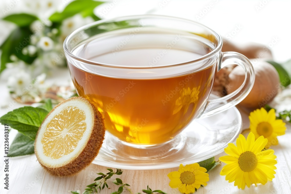Warm herbal tea with lemon and flowers on a wooden table Warm herbal tea with lemon and flowers on a wooden table