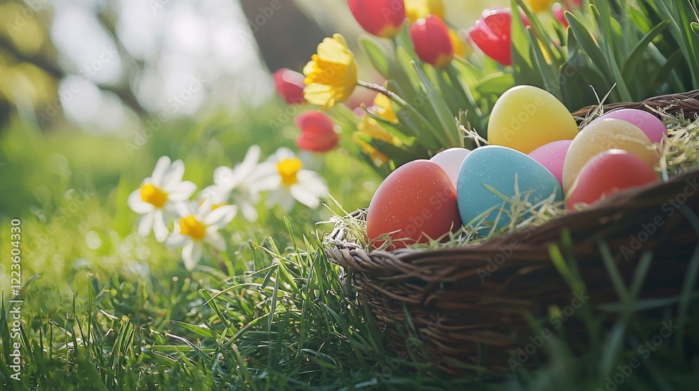 A basket of colorful Easter eggs resting on a bed of grass, with daffodils and tulips nearby, creating a cheerful and vibrant springtime scene. A basket of colorful Easter eggs resting on a bed of grass, with daffodils and tulips nearby, creating a cheerful and vibrant springtime scene.