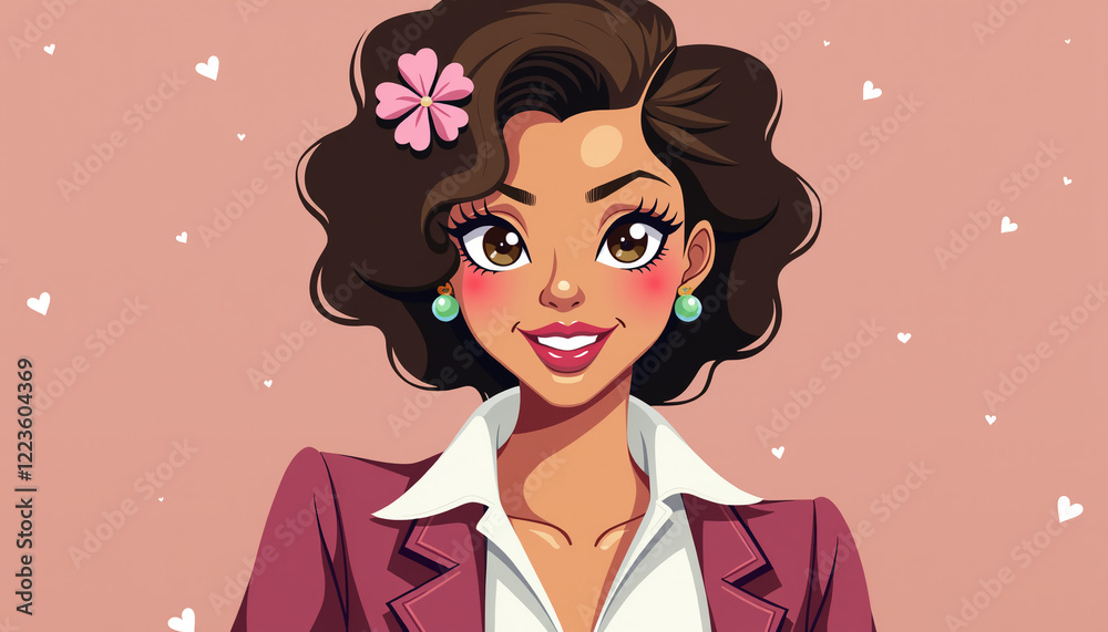 Illustration of a cheerful woman with a flower in her hair Illustration of a cheerful woman with a flower in her hair