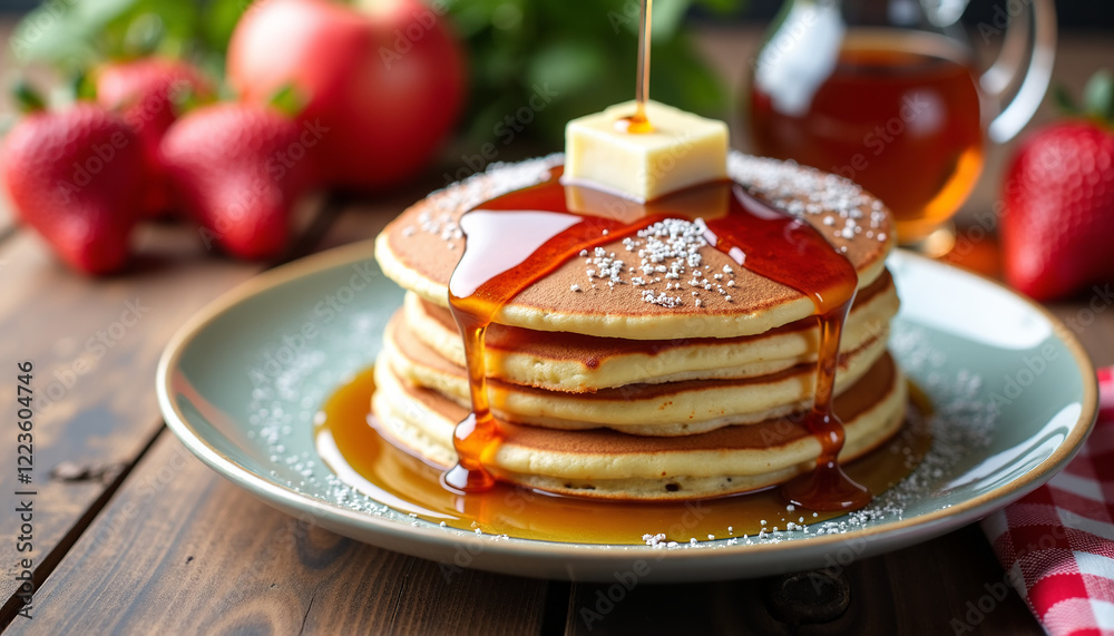 Stack of pancakes with syrup and butter on rustic table. on the table there are fruits, berries and iced tea in a blur Stack of pancakes with syrup and butter on rustic table. on the table there are fruits, berries and iced tea in a blur