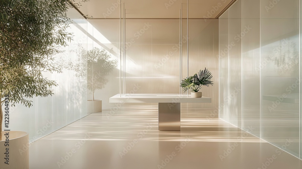 Fototapeta premium A translucent minimalist office space surrounded by frosted glass panels