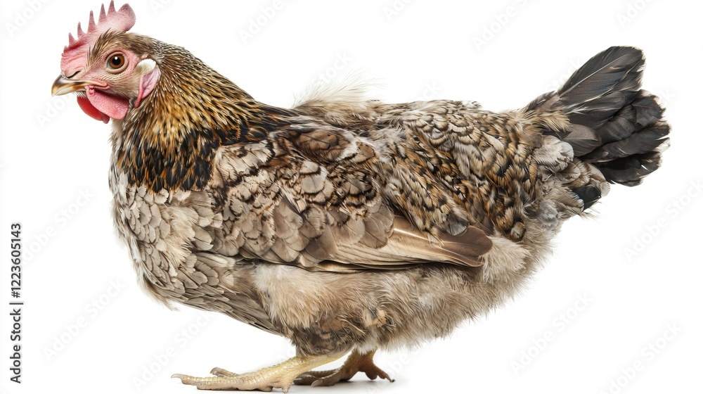 Fototapeta premium Domestic Hen with Feathers and Distinctive Comb on White Background