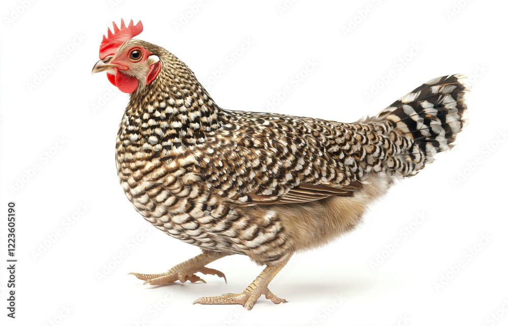 Fototapeta premium Striking Hen with Unique Feather Patterns Against White Background