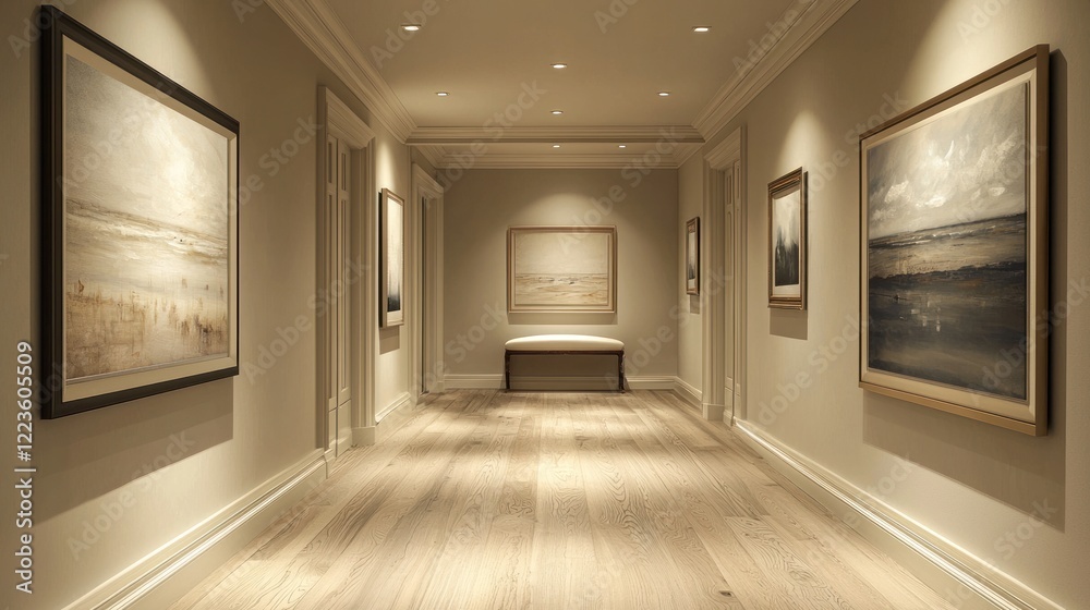 Fototapeta premium Gallery wall in a neutral hallway illuminated by soft recessed lighting