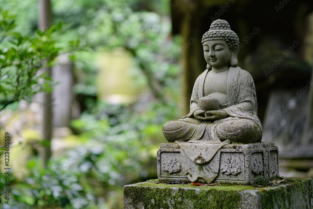 Serene stone Buddha statue surrounded by lush greenery Serene stone Buddha statue surrounded by lush greenery