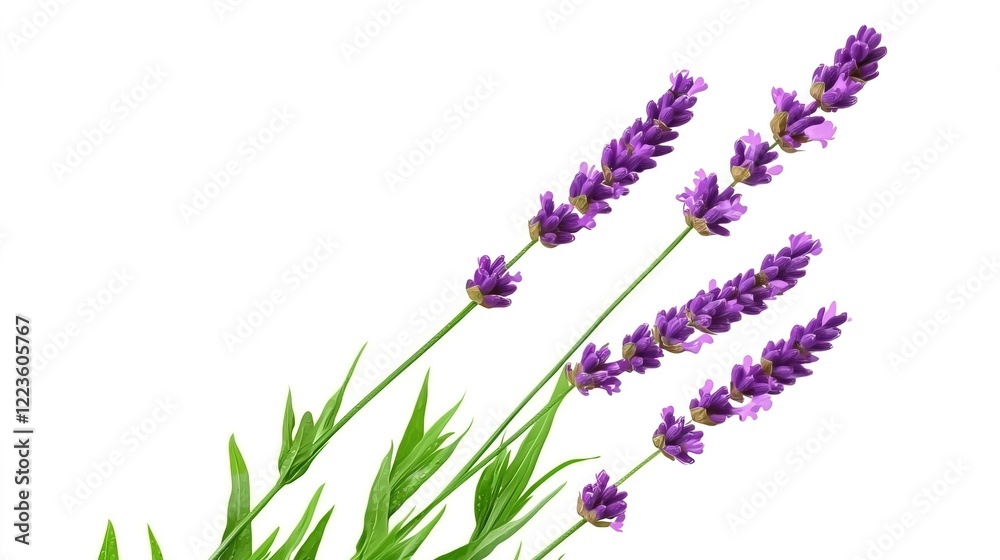 Naklejka premium Three Stems of Lavender Flowers with Green Leaves on White Background