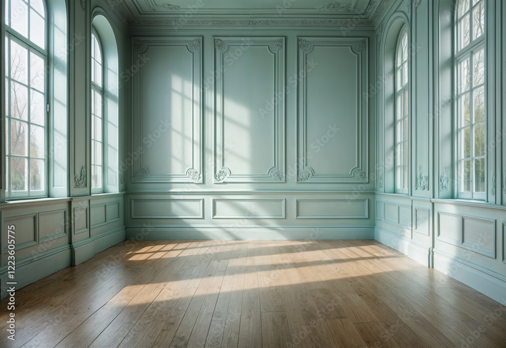 An elegant, spacious room with tall green walls, adorned with frame wall molding and a wooden floor, offers a serene ambiance and ample copy space for a variety of creative uses An elegant, spacious room with tall green walls, adorned with frame wall molding and a wooden floor, offers a serene ambiance and ample copy space for a variety of creative uses